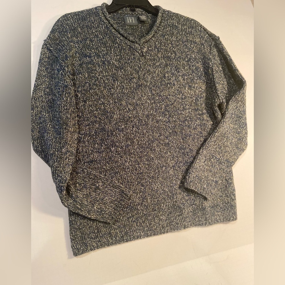 I.V.Y~Variegated Silk Blend~Knit Pullover Sweater~Rolled Ribbed V-Neck~Size M